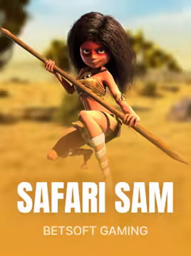 Image de la machine à sous Safari Sam du fournisseur Betsoft Gaming et son explorateur entouré d'animaux de la savane africaine
