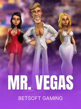 Image de la machine à sous Mr. Vegas du fournisseur Betsoft Gaming et son personnage en smoking devant les néons de Las Vegas